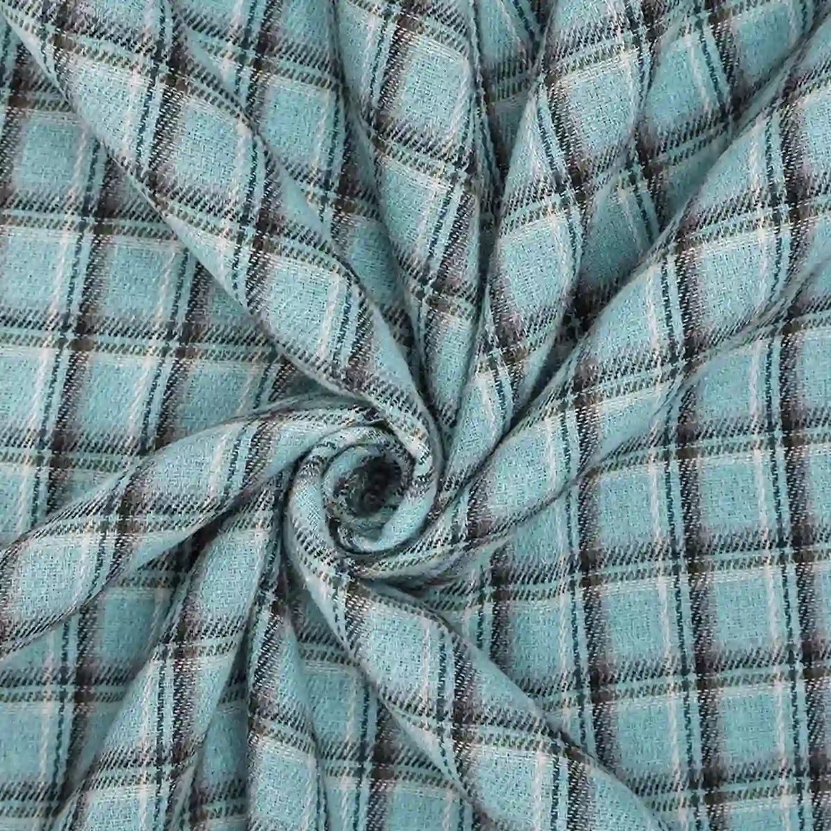 The Cotton Gingham Sueded Flannel Fabric by Longan Craft features a light blue, black, and white plaid pattern, shown gathered in the center in a spiral to highlight its soft texture and cozy folds.