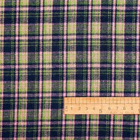 A close-up of Longan Craft’s Cotton Gingham Sueded Flannel Fabric by the yard, featuring a multicolor plaid pattern in green, navy, and pink tones; a wooden ruler showing centimeters is placed at the bottom right for scale.