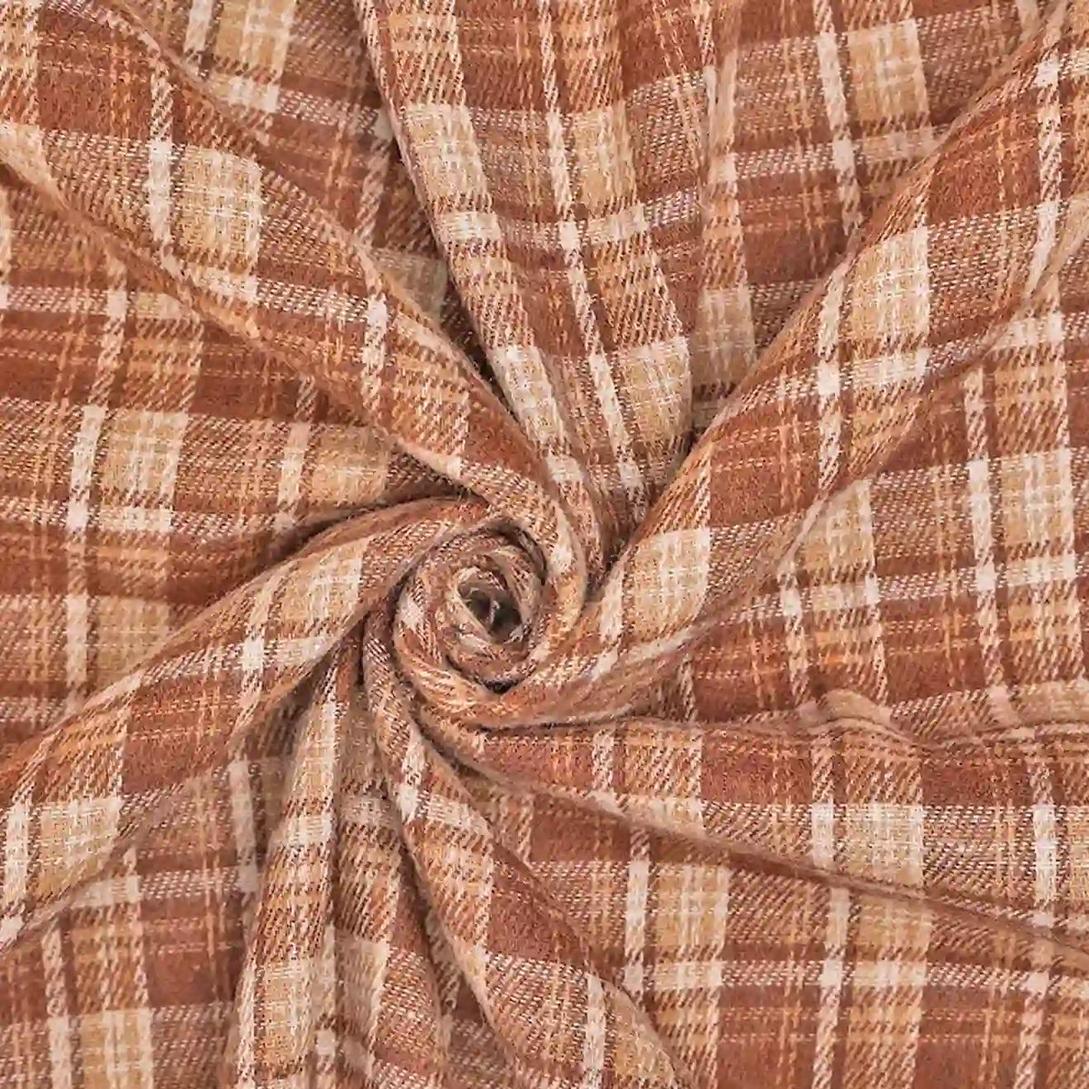 Longan Craft’s Cotton Gingham Sueded Flannel Fabric by the Yard, a multicolor polyester checked flannel with a comfy sueded texture, is shown gathered and twisted into a spiral shape at the center.