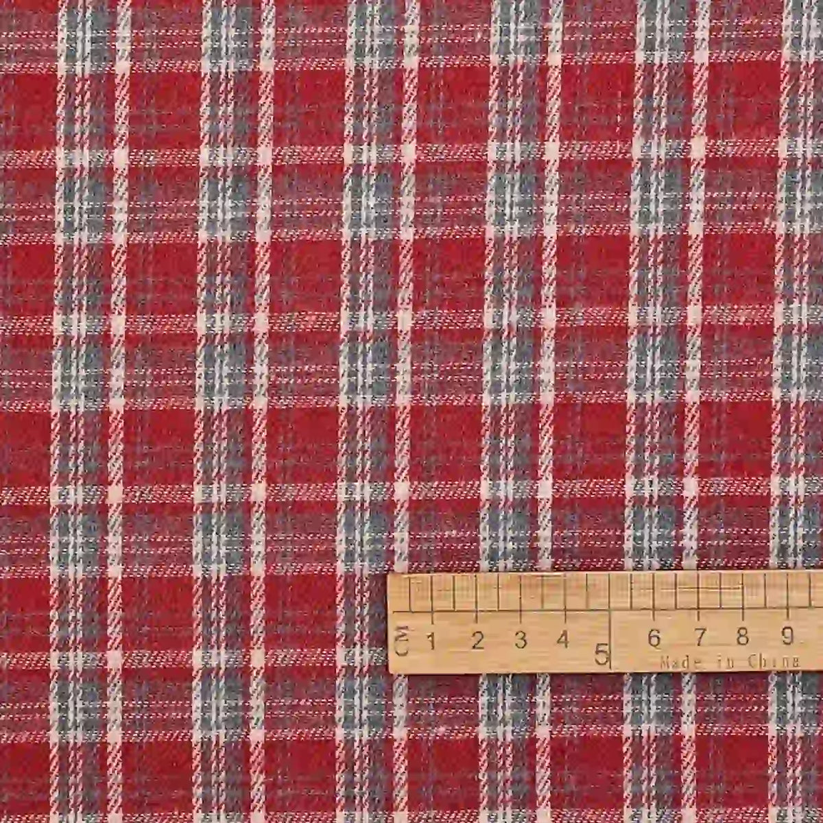 Cotton Gingham Sueded Flannel Fabric by the Yard from Longan Craft is shown in a multicolor polyester checked pattern, with a wooden ruler featuring centimeter measurements at the bottom right to indicate the scale of the comfy shirting flannel material.