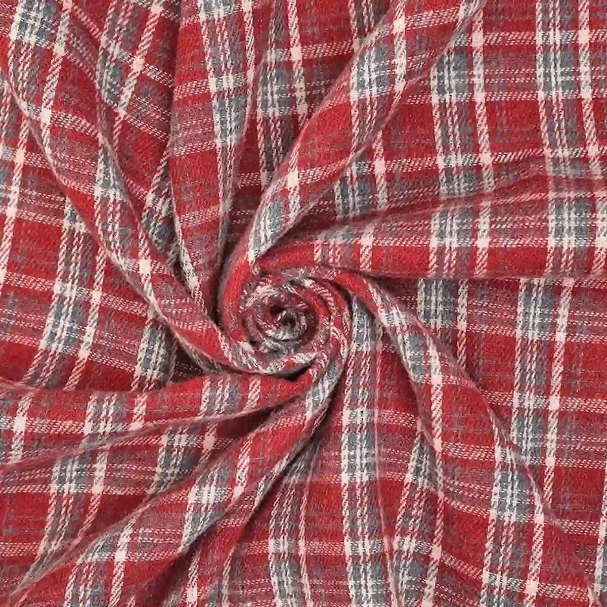 A swirl of Longan Craft Cotton Gingham Sueded Flannel Fabric By The Yard showcases its multicolor polyester checked design, featuring intersecting red, gray, and white lines in a plaid pattern with a visibly soft, sueded texture—ideal as comfy shirting flannel material.