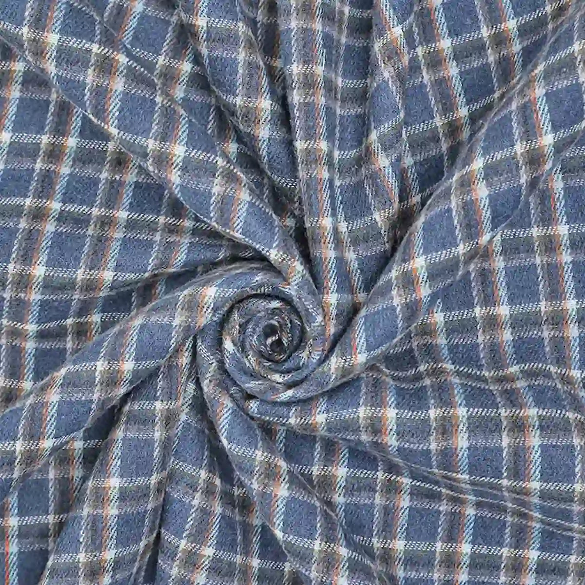 Longan Craft’s Cotton Gingham Sueded Flannel Fabric By The Yard features a spiral pattern of multicolor polyester checked flannel—blue, gray, and white tones—creating radiating folds and wrinkles for a comfy shirting material.