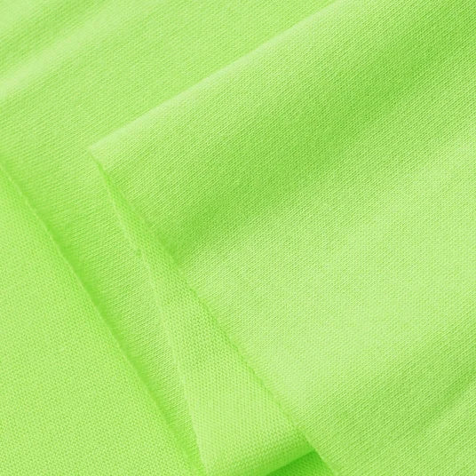 A close-up of Longan Craft's Cotton Jersey Fabric By The Yard in vibrant neon green, showcasing its smooth texture and fine weave—ideal breathable, soft jersey material for colorful casual wear.