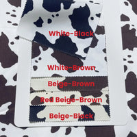 Four rectangular 100% cotton denim swatches from Longan Craft's Cow Print Denim Fabric, featuring White-Black, White-Brown, Beige-Brown, Red Beige-Brown, and Beige-Black patterns, are displayed on a white cow print background.