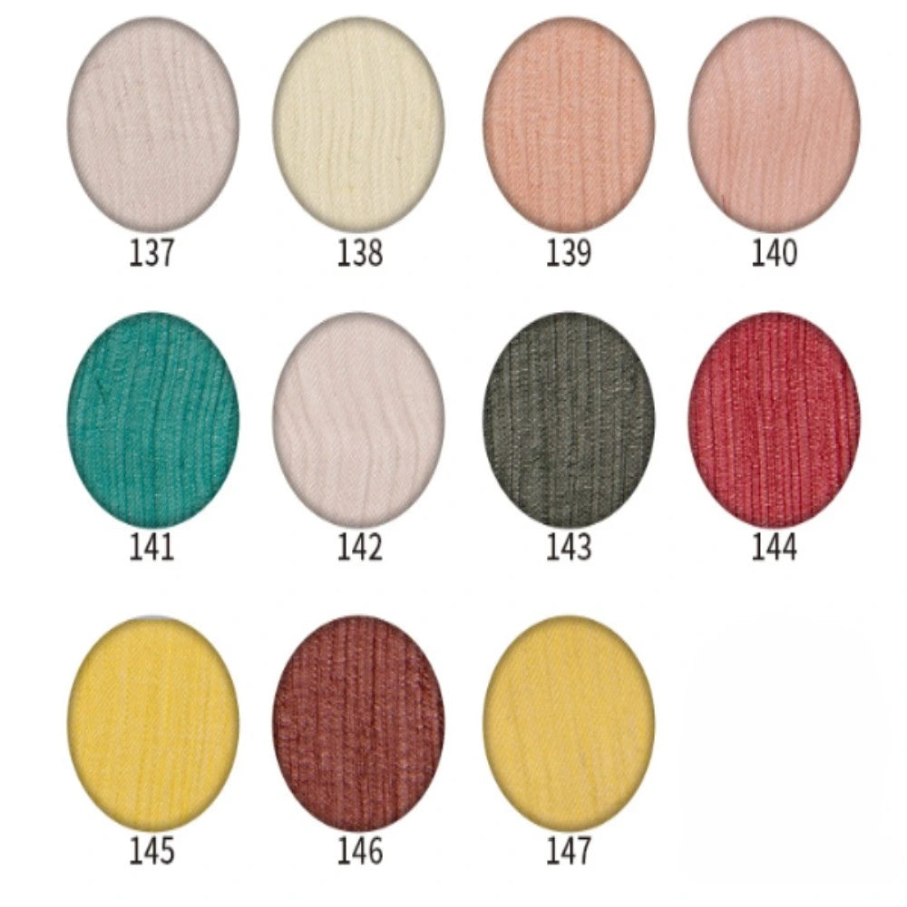 Twelve circular fabric swatches, arranged in three rows, display a rich palette of neutrals, greens, reds, and yellows. Each sample features luxurious Crinkled Georgette Silk Fabric by the yard—crafted from 100% Mulberry silk from Longan Craft—and is labeled with a three-digit number (137–148).