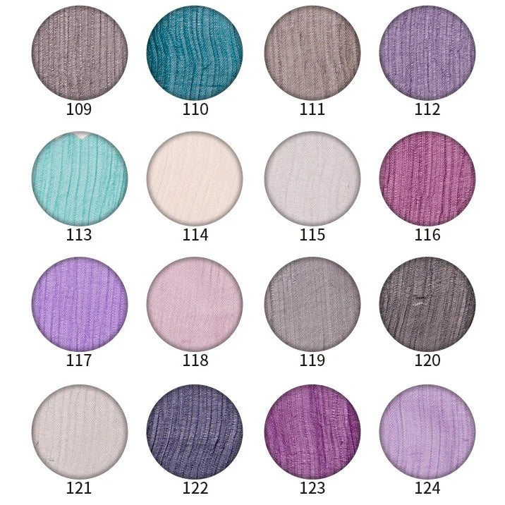 A grid of 16 circular eyeshadow pans, numbered 109–124, comes in shades like gray, teal, turquoise, cream, purple, and violet—each as smooth as Longan Craft’s Crinkled Georgette Mulberry Silk by the yard.