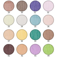 Sixteen round fabric swatches labeled 29–44 show a vibrant color range on Longan Craft’s Crinkled Georgette Silk Fabric by the Yard—luxury mulberry silk perfect for bridal gowns—in shades like brown, purple, white, blue, pink, yellow, green, and peach.