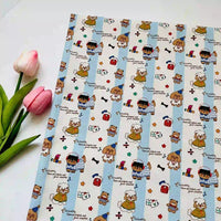 Cute Dog Print Striped Canvas Fabric By The Yard featuring cartoon dogs and bears in hats, small icons, and the text, Fortunately, there are puppies and good weather, on a patterned canvas with striped accents.