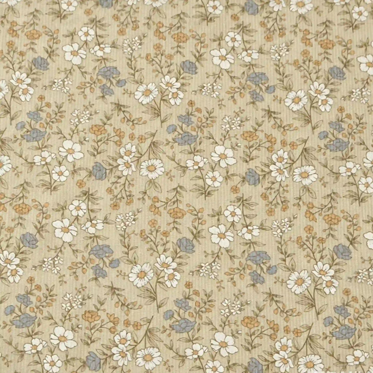 Longan Craft’s Daisy Print 16 Wale Corduroy Fabric By The Yard is a fine wale 100% cotton corduroy material featuring a vintage-inspired beige background adorned with small white daisies, blue flowers, and light brown leaves scattered evenly across the surface. This fall corduroy fabric brings charming texture and classic appeal to any DIY project with its delightful daisy print.