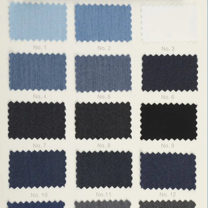 A chart shows 12 numbered swatches of Longan Craft Denim Color Twill Viscose Fabric, featuring stretch elastane, in blue, black, and white shades—perfect chic textile by the yard for dressmaking.