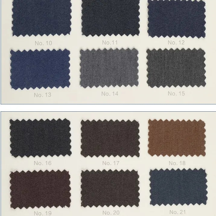 Twelve numbered Denim Color Twill Viscose Fabric swatches by Longan Craft in blue, gray, and brown shades with zigzag-cut edges—perfect for tailored trousers. Stretch elastane viscose textile shown on a white background.