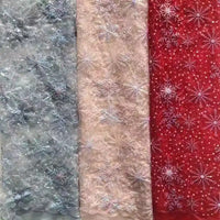 Longan Craft's Embroidered Sequin Tulle Fabric features delicate, shimmering snowflake embroidery in silver, light pink, and red—ideal for DIY wedding dresses and children’s apparel. Each yard has a translucent, elegant texture.