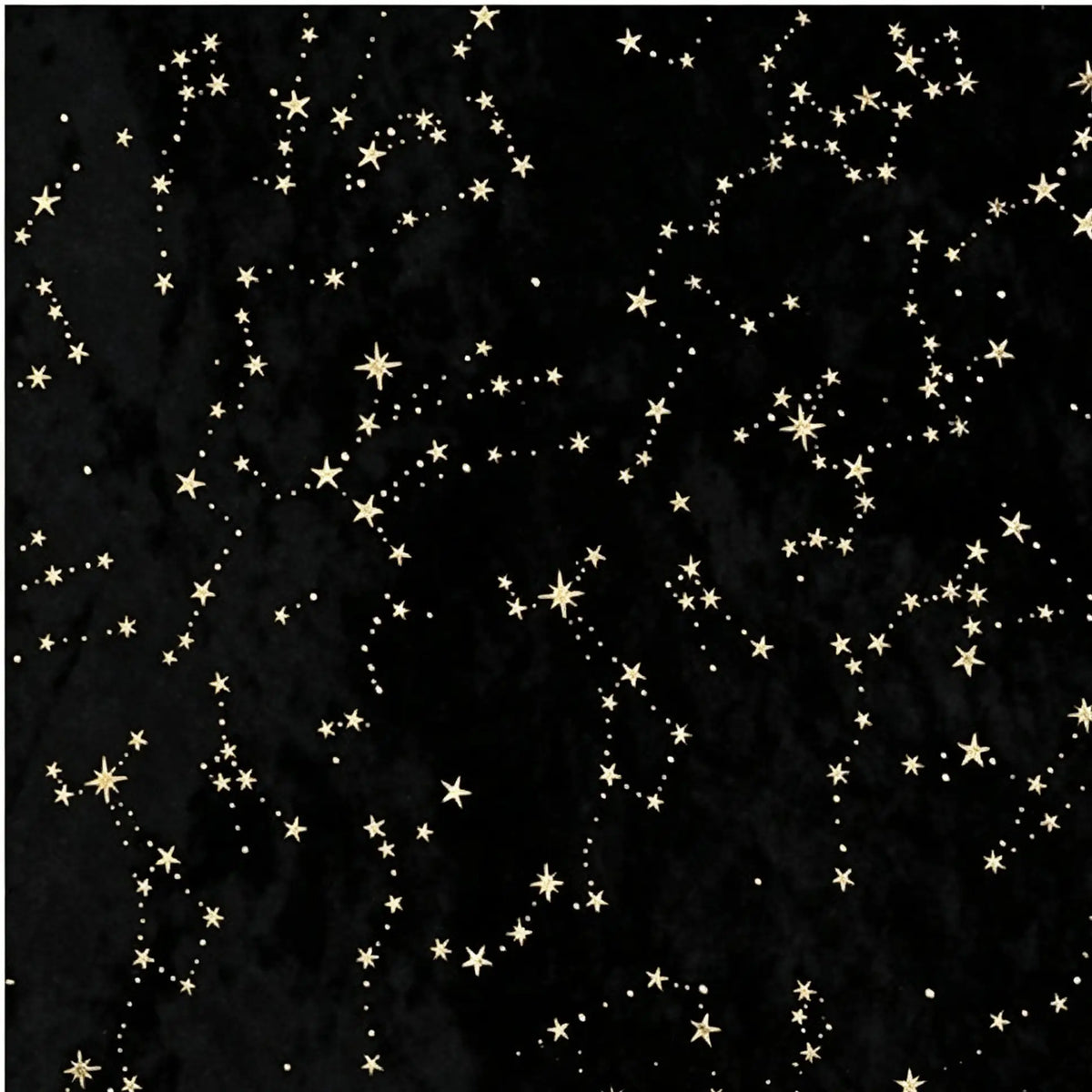 A black background adorned with scattered, shimmering gold stars in various sizes creates a luxurious, starry night effect—capturing the allure and elegance of Longan Craft’s Star Crushed Velvet Fabric By The Yard, a shiny glitter starry print velour perfect for party dress DIY sewing and upholstery projects.