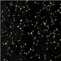 A black background adorned with scattered, shimmering gold stars in various sizes creates a luxurious, starry night effect—capturing the allure and elegance of Longan Craft’s Star Crushed Velvet Fabric By The Yard, a shiny glitter starry print velour perfect for party dress DIY sewing and upholstery projects.