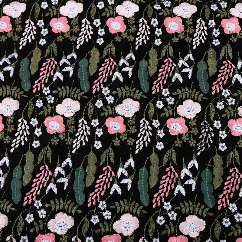 The Longon Craft Floral Cotton Linen Embroidered Fabric By the Yard features white and black cotton linen with pink, white, and blue floral embroidery—ideal for elegant dressmaking or creative projects.