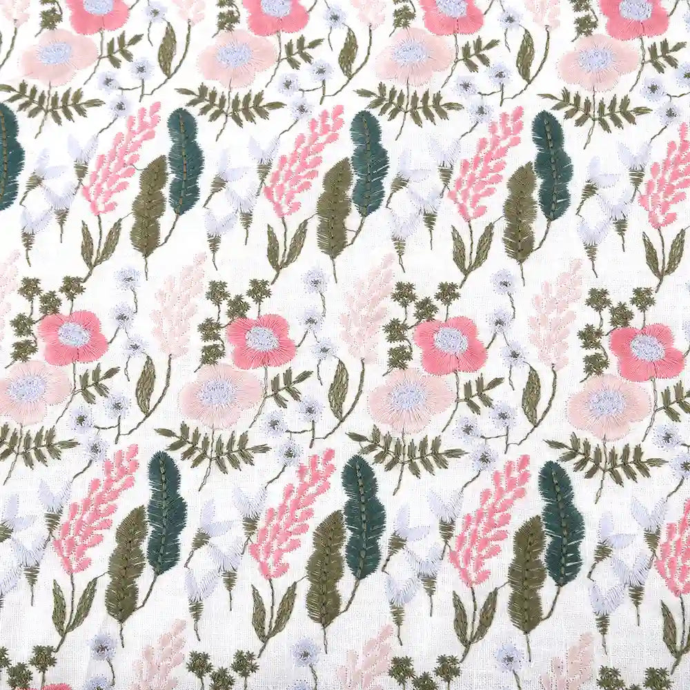 Longon Craft's Floral Cotton Linen Embroidered Fabric by the yard features pink, light blue, and white flower embroidery with green leaves on a white/black cotton linen background—ideal for dressmaking and crafts.