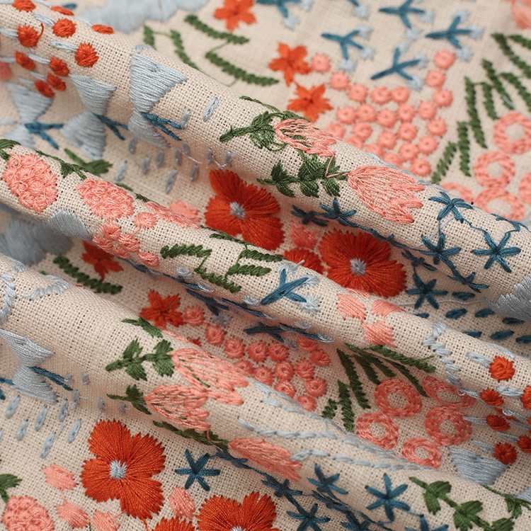 Floral Embroidered Cotton Linen Fabric By the Yard
