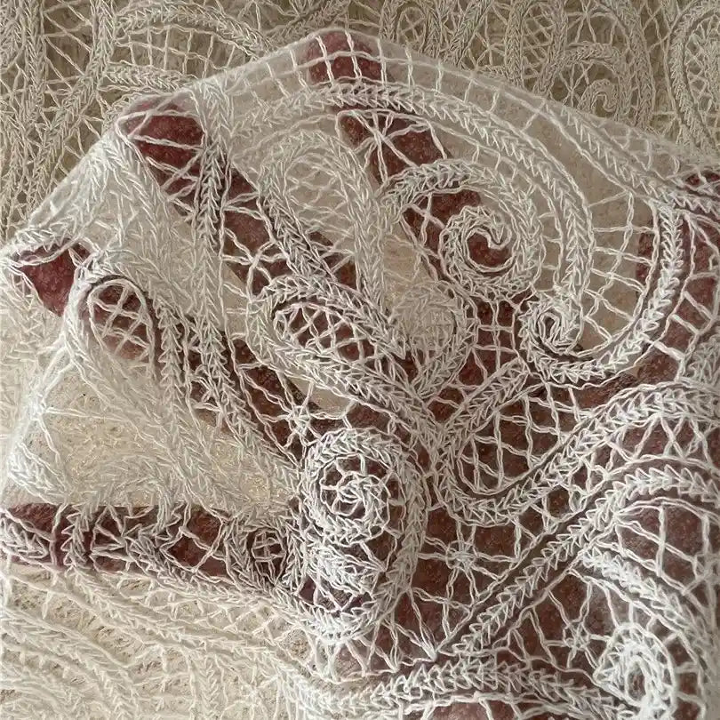 Close-up of Longan craft’s Floral Embroidered Lace Fabric By The Yard, made with cotton thread embroidery in swirling floral and geometric motifs—ideal for wedding dresses and elegant occasions.