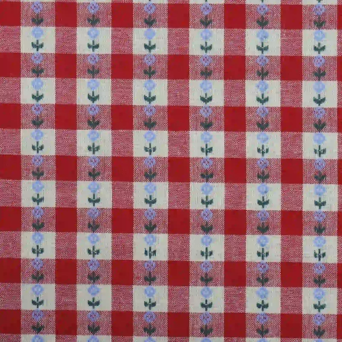 The Longan Craft Floral Gingham Poplin Fabric by the Yard features a red and white checkered jacquard pattern adorned with blue and purple floral motifs in vertical rows, creating a charming fabric perfect for garment making and a variety of other projects.