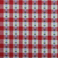 The Longan Craft Floral Gingham Poplin Fabric by the Yard features a red and white checkered jacquard pattern adorned with blue and purple floral motifs in vertical rows, creating a charming fabric perfect for garment making and a variety of other projects.
