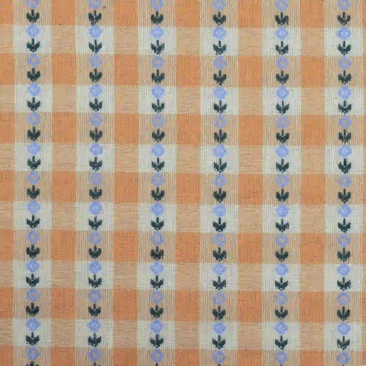 Longan Craft’s Floral Gingham Poplin Fabric By The Yard features a colorful orange and white checkered jacquard design, decorated with vertical rows of small blue flowers and dark green leaves. This cotton poplin material has a vintage-inspired, symmetrical pattern that repeats evenly across the fabric—making it perfect for garment making and crafting projects.