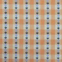 Longan Craft’s Floral Gingham Poplin Fabric By The Yard features a colorful orange and white checkered jacquard design, decorated with vertical rows of small blue flowers and dark green leaves. This cotton poplin material has a vintage-inspired, symmetrical pattern that repeats evenly across the fabric—making it perfect for garment making and crafting projects.