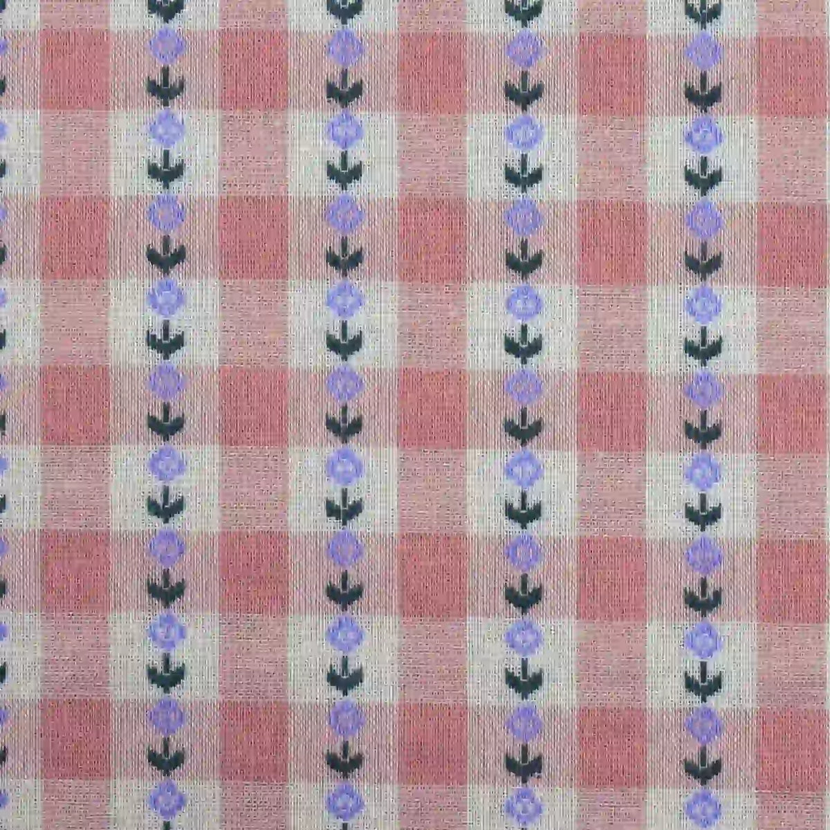 Longan Craft Floral Gingham Poplin Fabric by the Yard features a colorful cotton checkered jacquard poplin design, with vertical stripes of small purple flowers and green leaves evenly spaced across a red and white pattern—making it the perfect material for garment making.