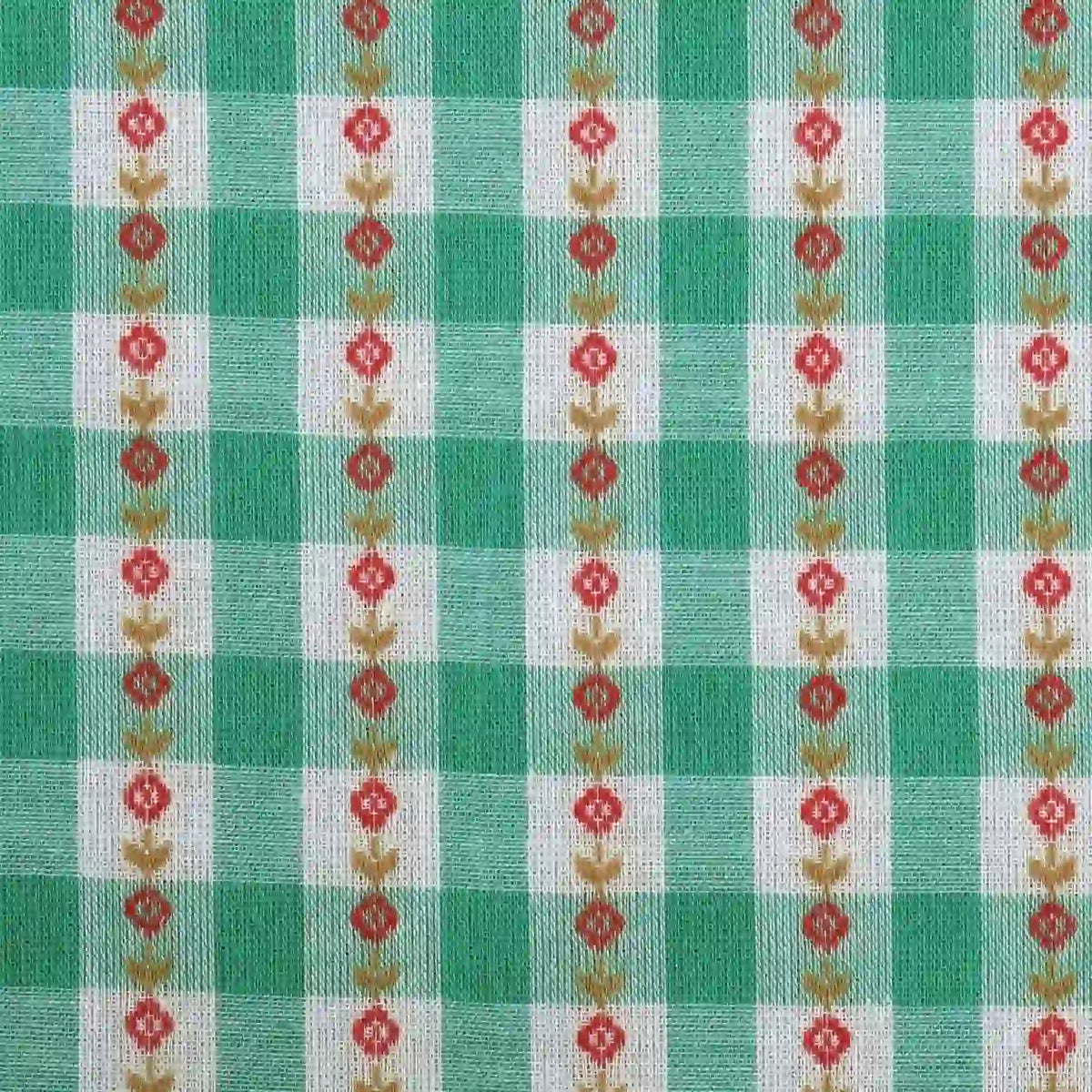 Longan Craft Floral Gingham Poplin Fabric By The Yard features a green and white checkered jacquard cotton poplin material, accented with vertical lines of small red and yellow floral motifs for a colorful, repeating grid-like decorative design—perfect for garment making.