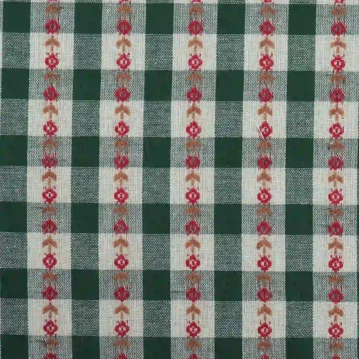 Floral Gingham Poplin Fabric By The Yard by Longan Craft features a colorful cotton checkered jacquard poplin material with vertical rows of small red floral patterns evenly spaced across the green and white plaid surface—making it a perfect poplin fabric for garment making.