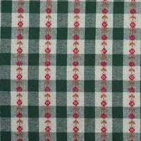 Floral Gingham Poplin Fabric By The Yard by Longan Craft features a colorful cotton checkered jacquard poplin material with vertical rows of small red floral patterns evenly spaced across the green and white plaid surface—making it a perfect poplin fabric for garment making.