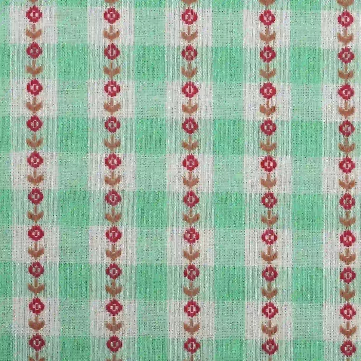 Introducing the “Floral Gingham Poplin Fabric By The Yard” from Longan Craft: a colorful cotton checkered jacquard poplin material featuring green and white checks accented with evenly spaced vertical red and brown floral patterns, crafted from soft printed cotton—perfect for garment making.