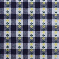 Longan Craft’s Floral Gingham Poplin Fabric By The Yard features a colorful black and white checkered jacquard poplin material with delicate small yellow flowers and green stems centered in alternating white squares, printed on soft cotton—perfect for garment making.
