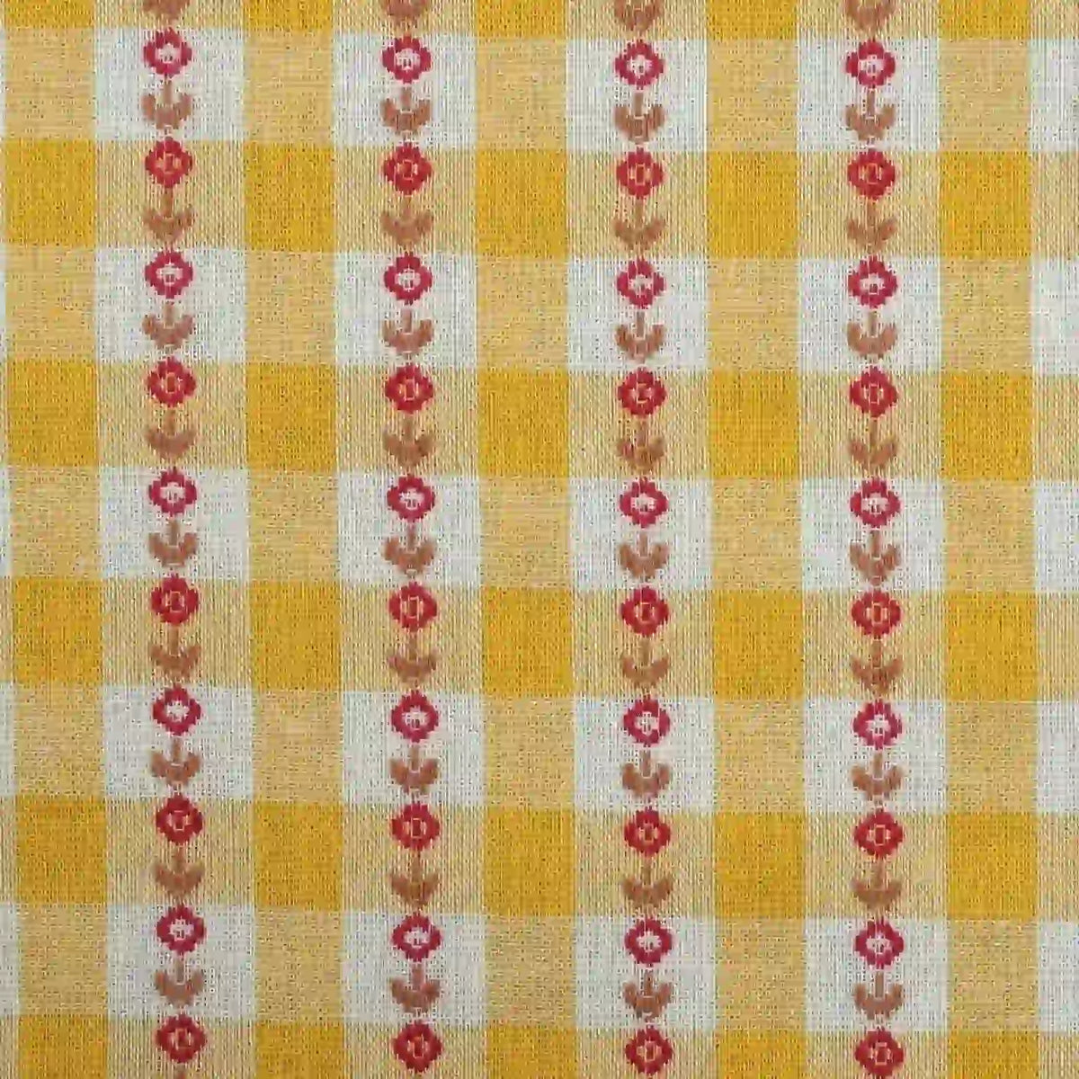 Floral Gingham Poplin Fabric by the yard from Longan Craft features a colorful cotton checkered jacquard poplin with yellow and white checks, accented by vertical rows of small red and brown floral patterns evenly spaced across the surface. This soft printed fabric is perfect for garment making.