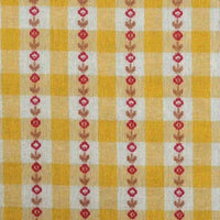 Floral Gingham Poplin Fabric by the yard from Longan Craft features a colorful cotton checkered jacquard poplin with yellow and white checks, accented by vertical rows of small red and brown floral patterns evenly spaced across the surface. This soft printed fabric is perfect for garment making.