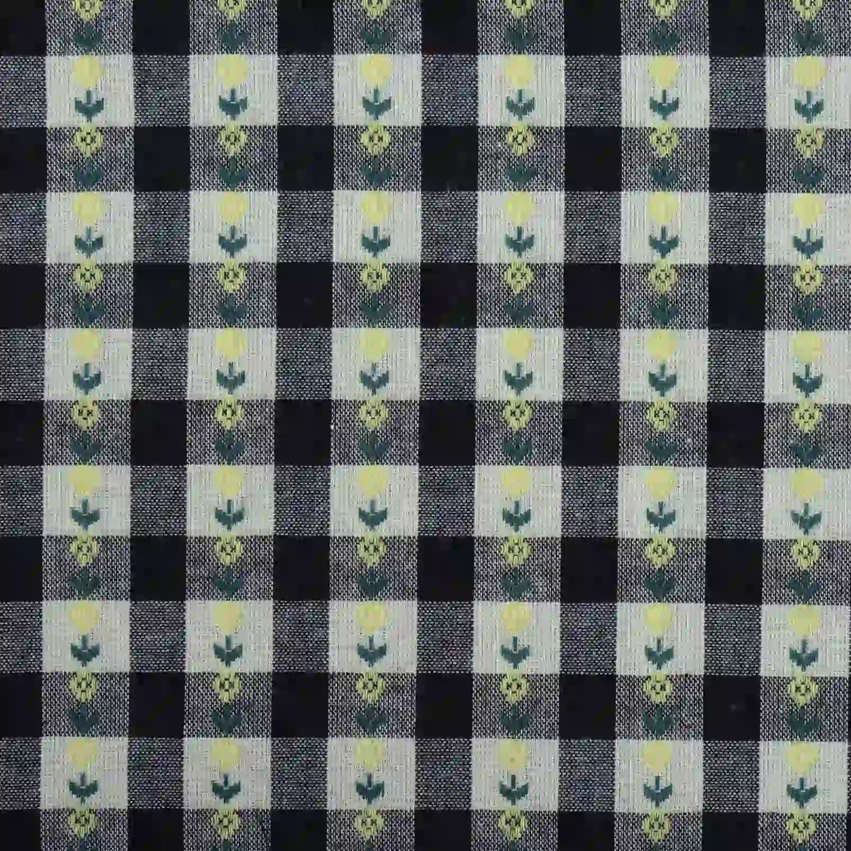 Introducing the Floral Gingham Poplin Fabric by Longan Craft—a colorful cotton checkered jacquard poplin material featuring a classic black and white gingham print with small yellow tulip motifs centered in each white square, arranged in a repeating grid. Perfect for garment making and available by the yard.