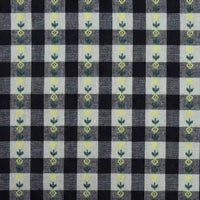 Introducing the Floral Gingham Poplin Fabric by Longan Craft—a colorful cotton checkered jacquard poplin material featuring a classic black and white gingham print with small yellow tulip motifs centered in each white square, arranged in a repeating grid. Perfect for garment making and available by the yard.