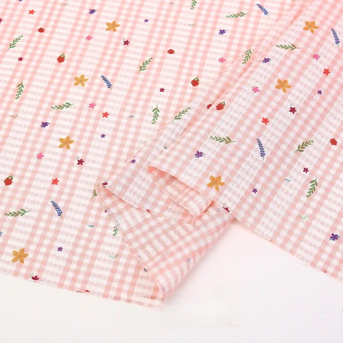 Longan Craft Floral Gingham Quilting Fabric by the yard features a polyester material with a colorful botanical pattern—perfect for quilting or casual wear.