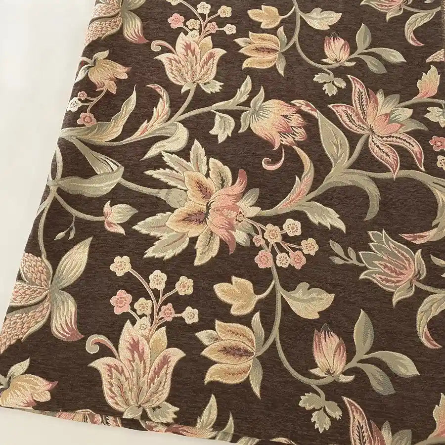 Longan Craft’s Floral Jacquard Chenille Fabric By The Yard features an ornate floral pattern in beige, cream, pink, and green on a brown background—perfect heavyweight poly chenille upholstery for home decor projects.