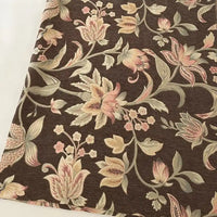 Longan Craft’s Floral Jacquard Chenille Fabric By The Yard features an ornate floral pattern in beige, cream, pink, and green on a brown background—perfect heavyweight poly chenille upholstery for home decor projects.