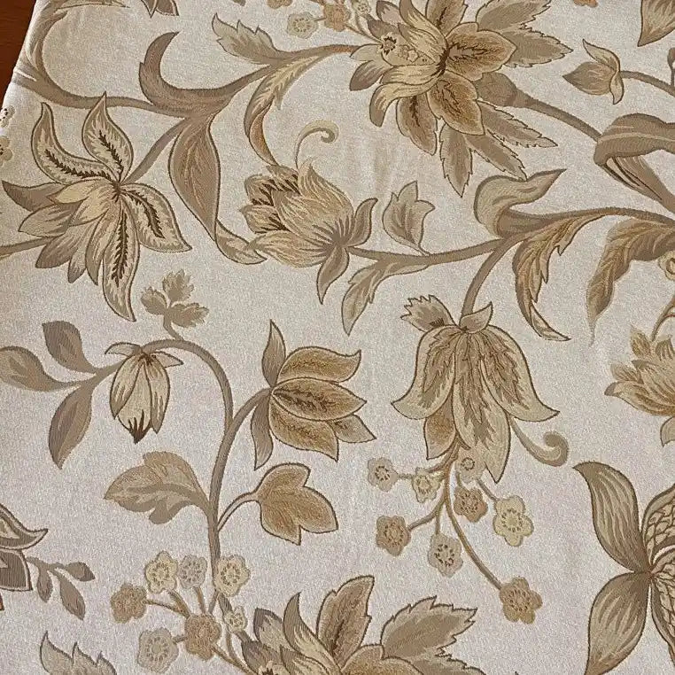 Longan Craft's Floral Jacquard Chenille Fabric By The Yard features a beige and cream ornate floral pattern with brown and tan accents. This heavyweight poly chenille upholstery fabric is perfect for home decor projects.