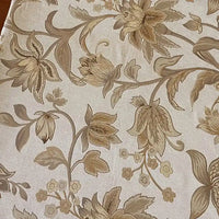 Longan Craft's Floral Jacquard Chenille Fabric By The Yard features a beige and cream ornate floral pattern with brown and tan accents. This heavyweight poly chenille upholstery fabric is perfect for home decor projects.