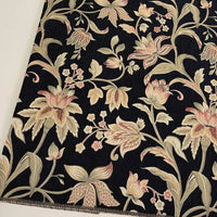 Longan Craft’s Floral Jacquard Chenille Fabric By The Yard features a black background with ornate beige, pink, and green floral patterns—ideal heavyweight poly chenille upholstery fabric for stylish home decor.
