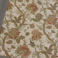A close-up of Longan Craft’s Floral Jacquard Chenille Fabric by the yard showcases ornate flowers, leaves, and winding stems in brown, green, and muted red on beige—an ideal heavyweight poly chenille upholstery fabric for home decor.