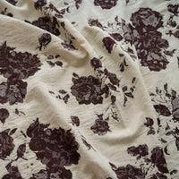 A close-up of Longan Craft’s Floral Jacquard Cotton Linen Fabric by the yard, featuring a multicolor botanical flower print and a textured finish—ideal DIY material for dressmaking and creative projects.