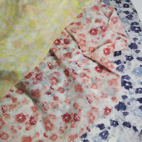 Three sheer fabrics from Longan Craft, including Floral Prin Chiffon Silk Fabric By The Yard, are layered: yellow flowers on top, red and pink blooms in the middle, and blue florals at the bottom—perfect for elegant sheer curtains.