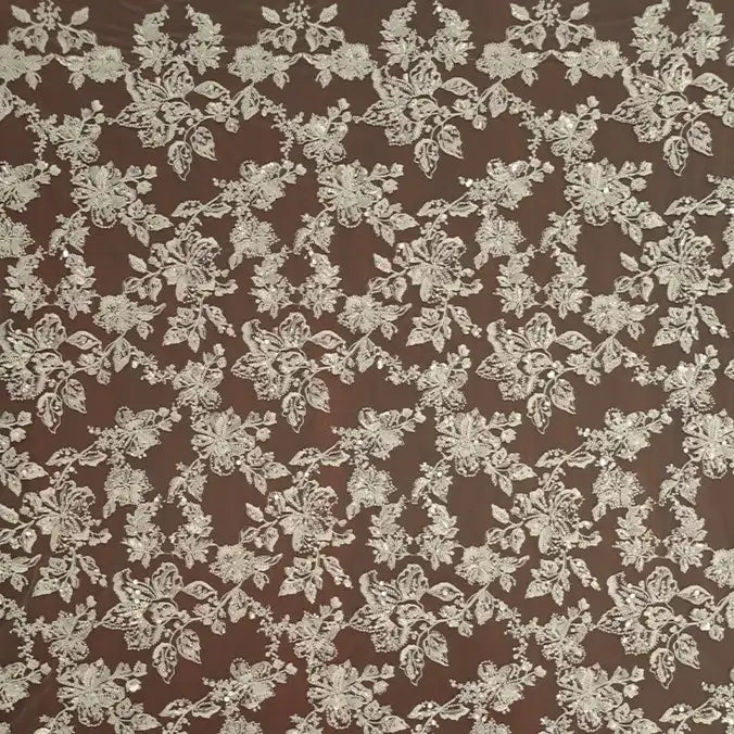 Longan Craft Floral Sequin Embroidered Tulle Fabric By The Yard features intricate, heavyweight floral embroidery—ideal for elegant wedding dresses or sophisticated tulle fabric accents.