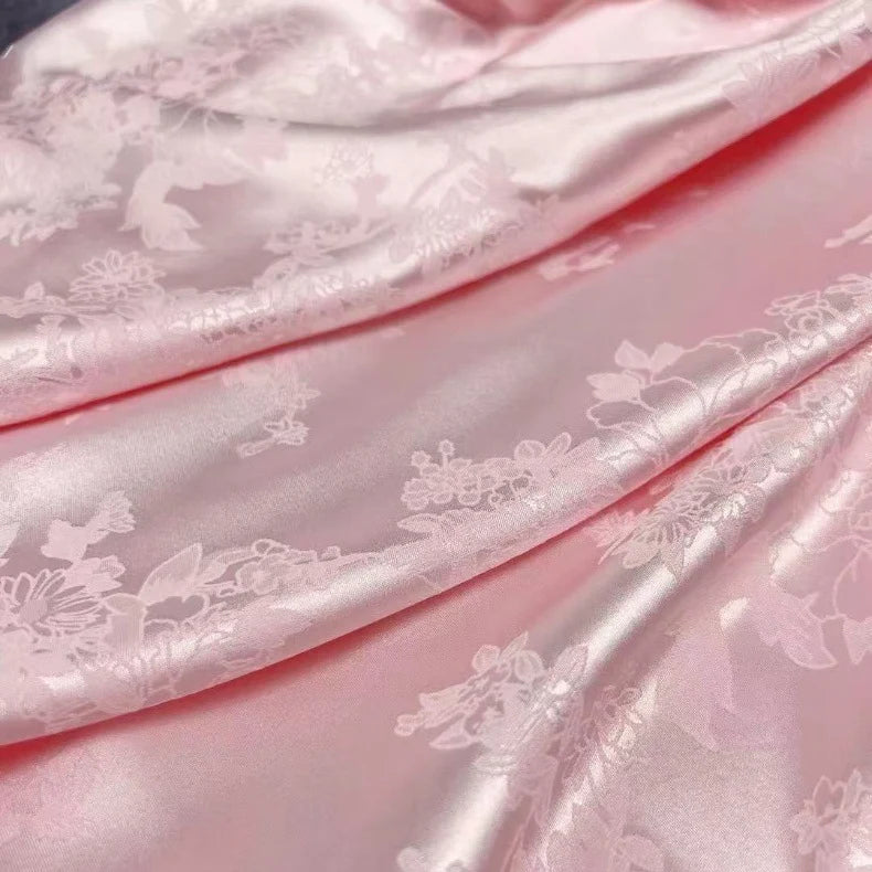 Longan Craft’s Floral Polyester Satin Fabric By The Yard features a colorful satin jacquard design and glossy, elegant texture—perfect for dresses and special projects.