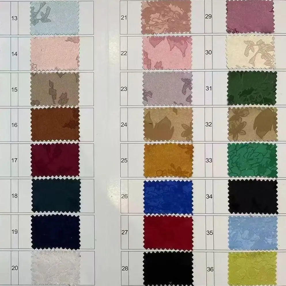 A sample chart shows 36 numbered swatches of Longan Craft’s Floral Polyester Satin Fabric By The Yard, featuring colorful satin jacquard material in shades like blue, red, green, beige, and elegant floral patterns for dresses.