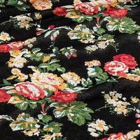 Longan Craft’s Floral and Animal Printed 100% Cotton Jersey Fabric by the yard features vibrant red, yellow, and white roses, green leaves, and small blossoms—perfect jersey material for dresses.