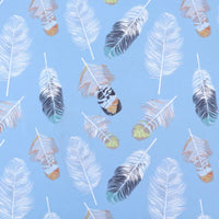 Longan Craft’s Floral Animal Printed Microfiber Peachskin Fabric By The Yard features a repeating multicolor feather pattern on soft polyester peachskin—ideal for dresses and decorative projects.
